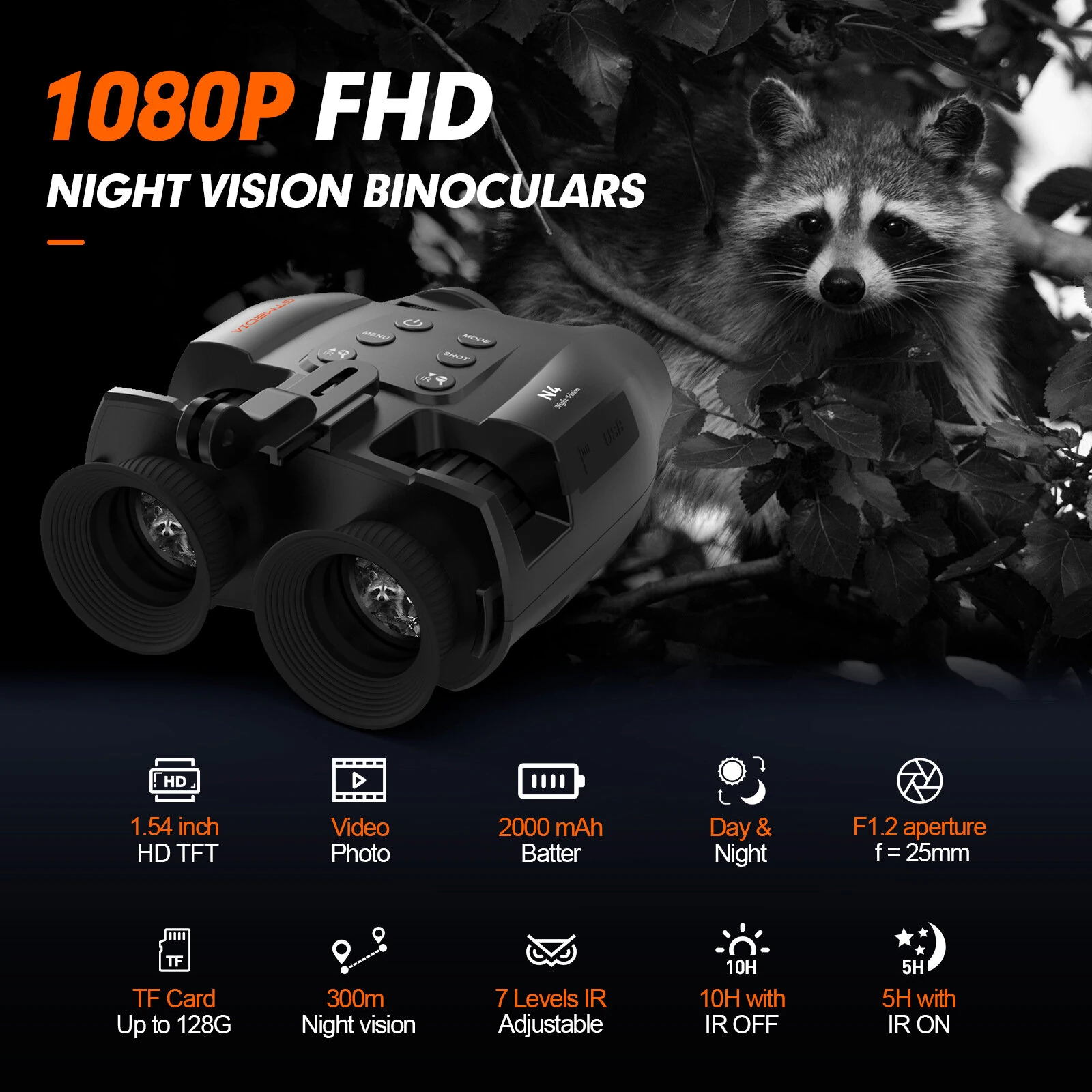 (image for) GTMEDIA N4 Night Vision Binoculars 7 Levels Infrared Light 5X Zoom Photo/Video Playback Head-Mounted Support Ideal for Outdoor Activities and Wildlife Observation